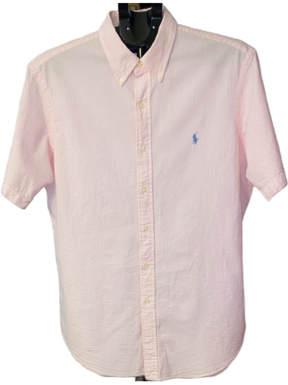 Ralph Lauren Men's Large Pink White Seersucker Short Sleeve Button Down Shirt